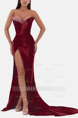 Sexy Royal Blue Formal Dress V Neck With High Slit Pleated Strapless Sleeveless