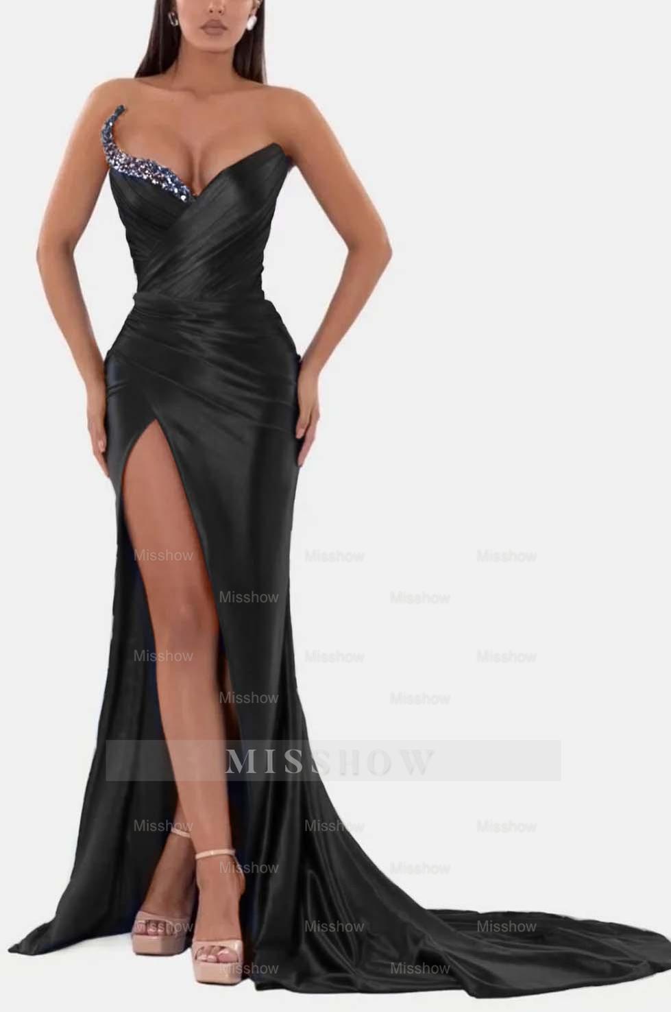 Sexy Royal Blue Formal Dress V Neck With High Slit Pleated Strapless Sleeveless