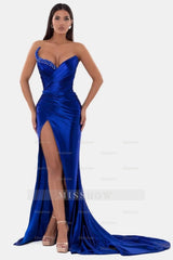 Sexy Royal Blue Formal Dress V Neck With High Slit Pleated Strapless Sleeveless