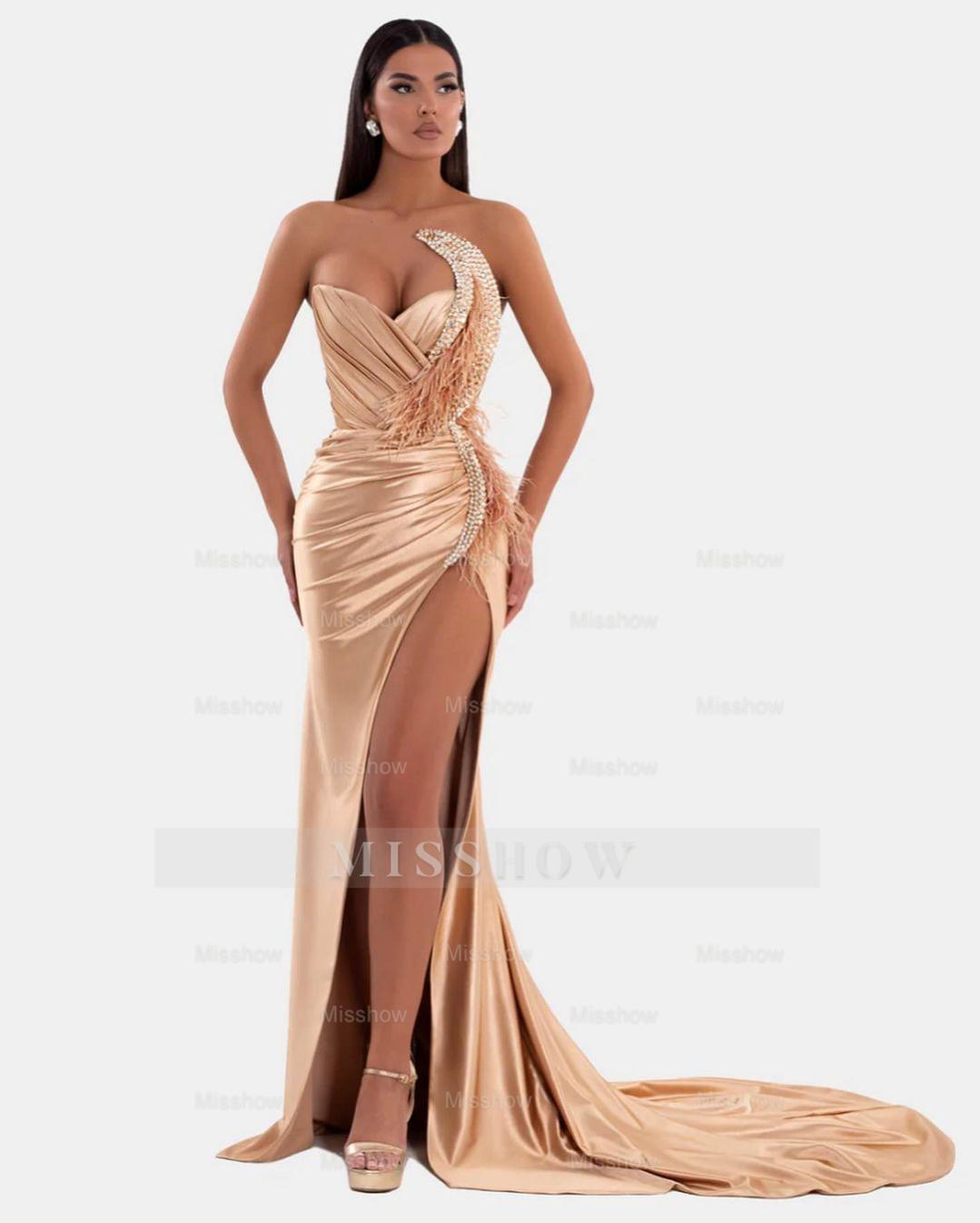 Sexy Royal Blue Formal Dress V Neck With High Slit Pleated Strapless Sleeveless