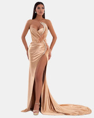 Sexy Royal Blue Formal Dress V Neck With High Slit Pleated Strapless Sleeveless