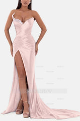 Sexy Royal Blue Formal Dress V Neck With High Slit Pleated Strapless Sleeveless