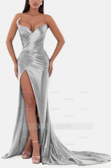Sexy Royal Blue Formal Dress V Neck With High Slit Pleated Strapless Sleeveless