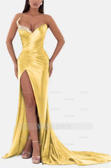 Sexy Royal Blue Formal Dress V Neck With High Slit Pleated Strapless Sleeveless