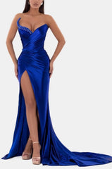 Sexy Royal Blue Formal Dress V Neck With High Slit Pleated Strapless Sleeveless