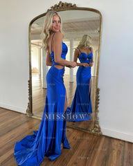Sexy Royal Blue Spaghetti Straps Sweetheart Sleeveless Column Prom Dress with Front split