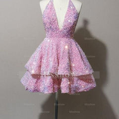 Sexy Short Pink V-neck Sleeveless Sequined Homecoming Dress