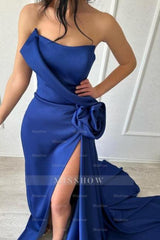 Sexy Simple Long Royal Blue Strapless Satin Prom Evening Dresses With Slit