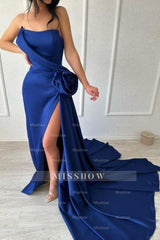 Sexy Simple Long Royal Blue Strapless Satin Prom Evening Dresses With Slit