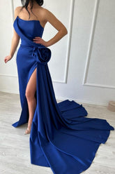 Sexy Simple Long Royal Blue Strapless Satin Prom Evening Dresses With Slit