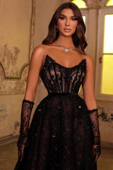 Sexy Sparkly Black Strapless A-Line Beaded Long Lace Prom Evening Dresses With Rhinestones