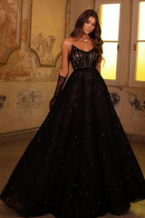 Sexy Sparkly Black Strapless A-Line Beaded Long Lace Prom Evening Dresses With Rhinestones