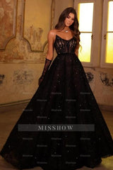 Sexy Sparkly Black Strapless A-Line Beaded Long Lace Prom Evening Dresses With Rhinestones