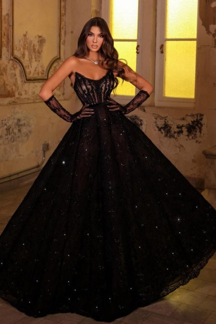 Sexy Sparkly Black Strapless A-Line Beaded Long Lace Prom Evening Dresses With Rhinestones