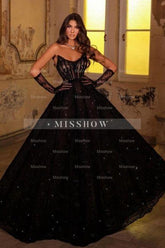 Sexy Sparkly Black Strapless A-Line Beaded Long Lace Prom Evening Dresses With Rhinestones