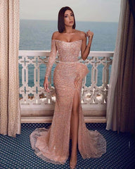 Sexy Sparkly Champagne Rose One-shoulder Side-slit Mermaid Long Prom Evening Dresses