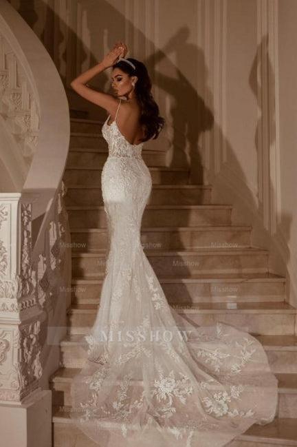 Sexy White Lace Mermaid Sweetheart Spaghetti Strap Long Wedding Dress