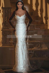 Sexy White Lace Mermaid Sweetheart Spaghetti Strap Long Wedding Dress