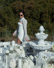 Sexy White Mermaid High-Neck Lace Sweetheart Long Sleeves Beaded Long Tulle Wedding Dresses With High Slit