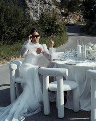 Sexy White Mermaid High-Neck Lace Sweetheart Long Sleeves Beaded Long Tulle Wedding Dresses With High Slit