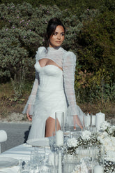 Sexy White Mermaid High-Neck Lace Sweetheart Long Sleeves Beaded Long Tulle Wedding Dresses With High Slit