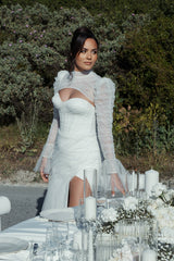 Sexy White Mermaid High-Neck Lace Sweetheart Long Sleeves Beaded Long Tulle Wedding Dresses With High Slit