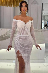 Sexy White Mermaid Sweetheart Off-The-Shoulder Long Sleeves Sequined Lace Prom Dresses With Slit