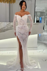Sexy White Mermaid Sweetheart Off-The-Shoulder Long Sleeves Sequined Lace Prom Dresses With Slit