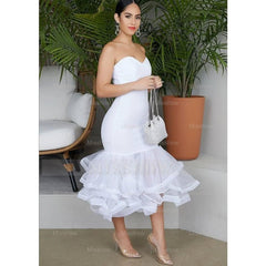 Sexy White Strapless Backless Mermaid Organza Sleeveless Bodycon Evening Dress