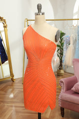 Sheath Orange One Shoulder Beaded Short Homecoming Dress