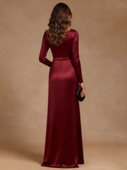 Sheath/Column Asymmetrical Neck Satin Mother of the Bride Dresses Rhinestone Long Sleeves Floor-Length Ruched