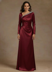 Sheath/Column Asymmetrical Neck Satin Mother of the Bride Dresses Rhinestone Long Sleeves Floor-Length Ruched
