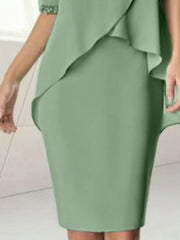 Sheath/Column Jewel Neck Knee-Length Half Sleeve Mother of the Bride Dresses with Beading Ruching