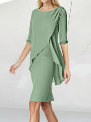 Sheath/Column Jewel Neck Knee-Length Half Sleeve Mother of the Bride Dresses with Beading Ruching