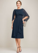 Sheath/Column Jewel Neck Tea-Length Mother Of The Bride Dresses with Detachable Cape & Ruffles & Beads
