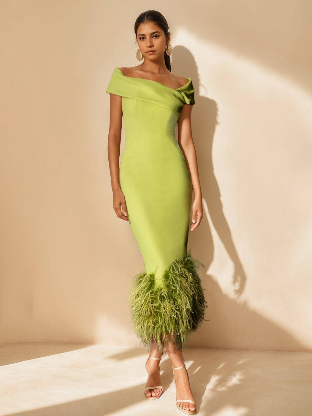 tea length off the shoulder mother of the bride dress Sheath/Column Off-the-Shoulder Short Sleeves Tea-Length Unique Mother of  the Bride Dresses with Feathers – misshow.com