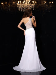 Sheath/Column One-Shoulder Beading Sleeveless Long Chiffon Prom Evening Dresses