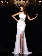 Sheath/Column One-Shoulder Beading Sleeveless Long Chiffon Prom Evening Dresses