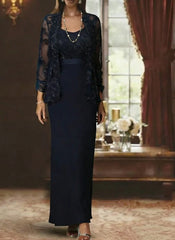 Sheath/Column Scoop Chiffon Mother of the Bride Dresses with Jacket Lace Ankle-Length Long Sleeves
