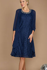 Sheath/Column Scoop Half Sleeves Knee-Length Mother of the Bride Dresses With Jacket & Embroidery