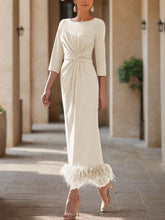 Sheath/Column Scoop Neck Ankle Length Elegant Mother of the Bride & Groom Dresses with Feather