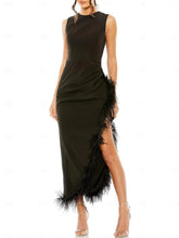 Sheath/Column Tea Length sleeveless Jewel Neck Wedding Guest Dresses Formal Cocktail Party Stretch Chiffon with Feather