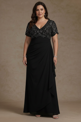 Sheath/Column V Neck Plus Size Mother of the Bride Dresses Short Sleeves Chiffon Floral Ankle Length Sequins Ruffles