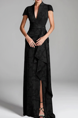 Sheath/Column V-Neck Short Sleeves Floor-Length Rose Lace Applique Mother of the Bride Dresses with Split Side