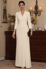 Sheath/Column V-Neck Stretch Satin Mother Of The Bride Dresses with Watteau Train 3/4 Sleeves Ankle-Length