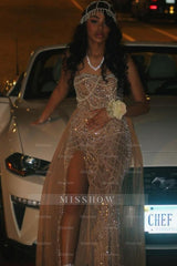 Shimmering A Line Sleeveless Strapless Sequined Beaded Prom Dress with Slit