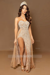 Shimmering A Line Sleeveless Strapless Sequined Beaded Prom Dress with Slit
