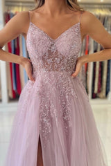 Shimmers Pink Spaghettistraps Sleeveless Column Tulle Floor-Length Prom Evening Dresses with Beadings