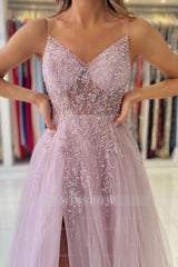 Shimmers Pink Spaghettistraps Sleeveless Column Tulle Floor-Length Prom Evening Dresses with Beadings