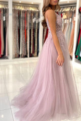 Shimmers Pink Spaghettistraps Sleeveless Column Tulle Floor-Length Prom Evening Dresses with Beadings